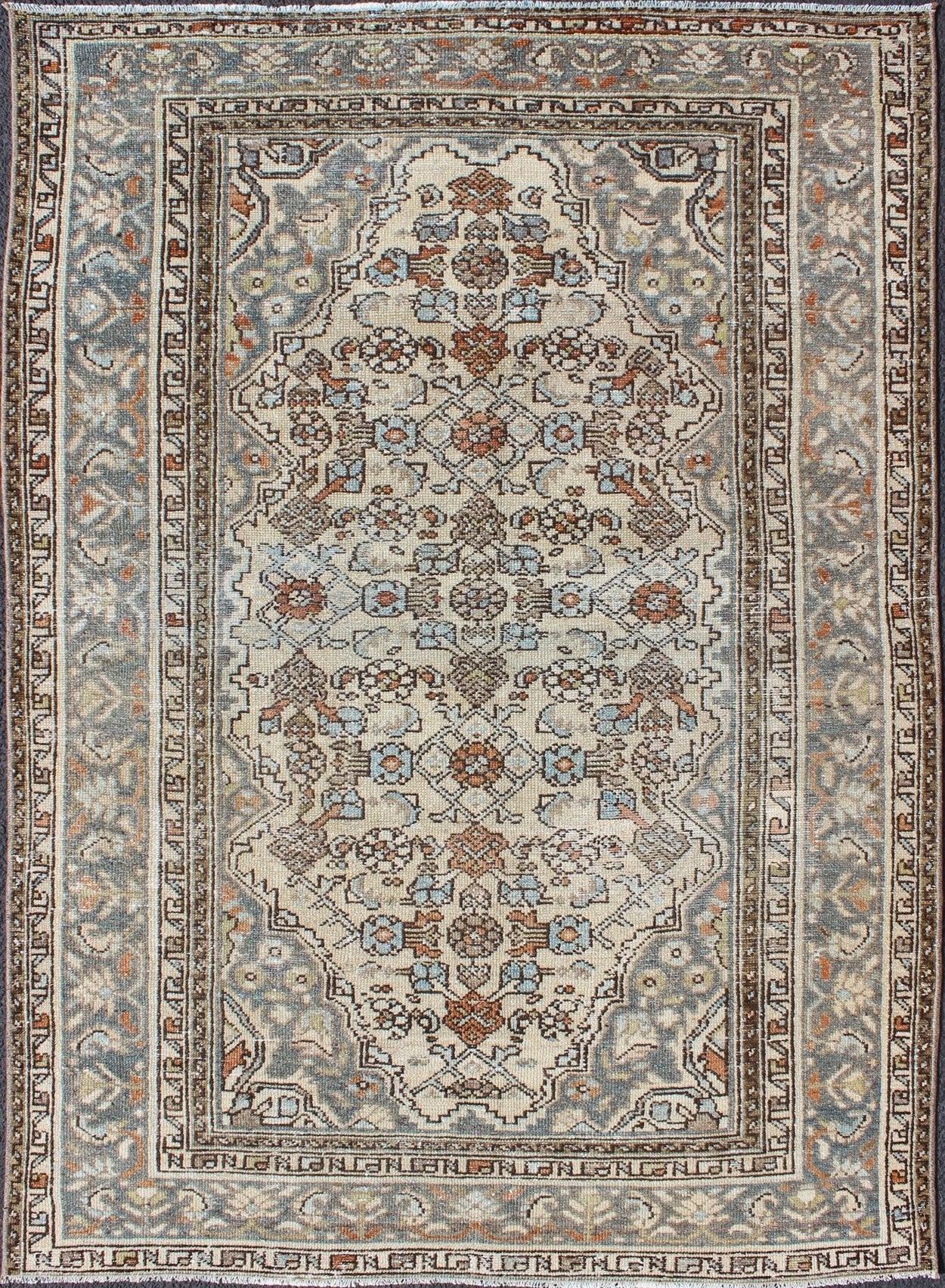 Gray/green, Taupe, Lt. Blue & Rust, brown Antique Persian distressed Malayer. Neutral tones antique distressed Malayer rug from Persia with floral design, rug sus - 1807 - 240, country of origin / type: Iran / Malayer, circa 1920. Neutral t... - Keivan Woven ArtsSUS - 1807 - 240 - 10209