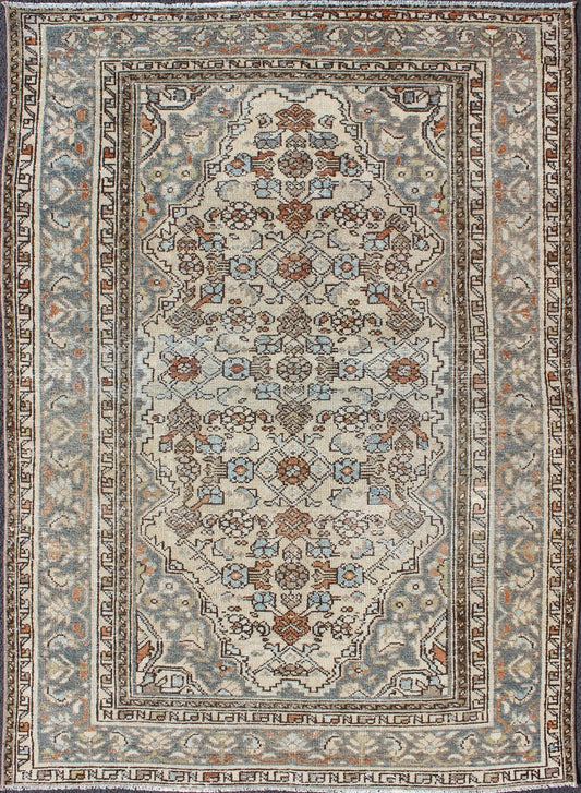 Gray/green, Taupe, Lt. Blue & Rust, brown Antique Persian distressed Malayer. Neutral tones antique distressed Malayer rug from Persia with floral design, rug sus - 1807 - 240, country of origin / type: Iran / Malayer, circa 1920. Neutral t... - Keivan Woven ArtsSUS - 1807 - 240 - 10209