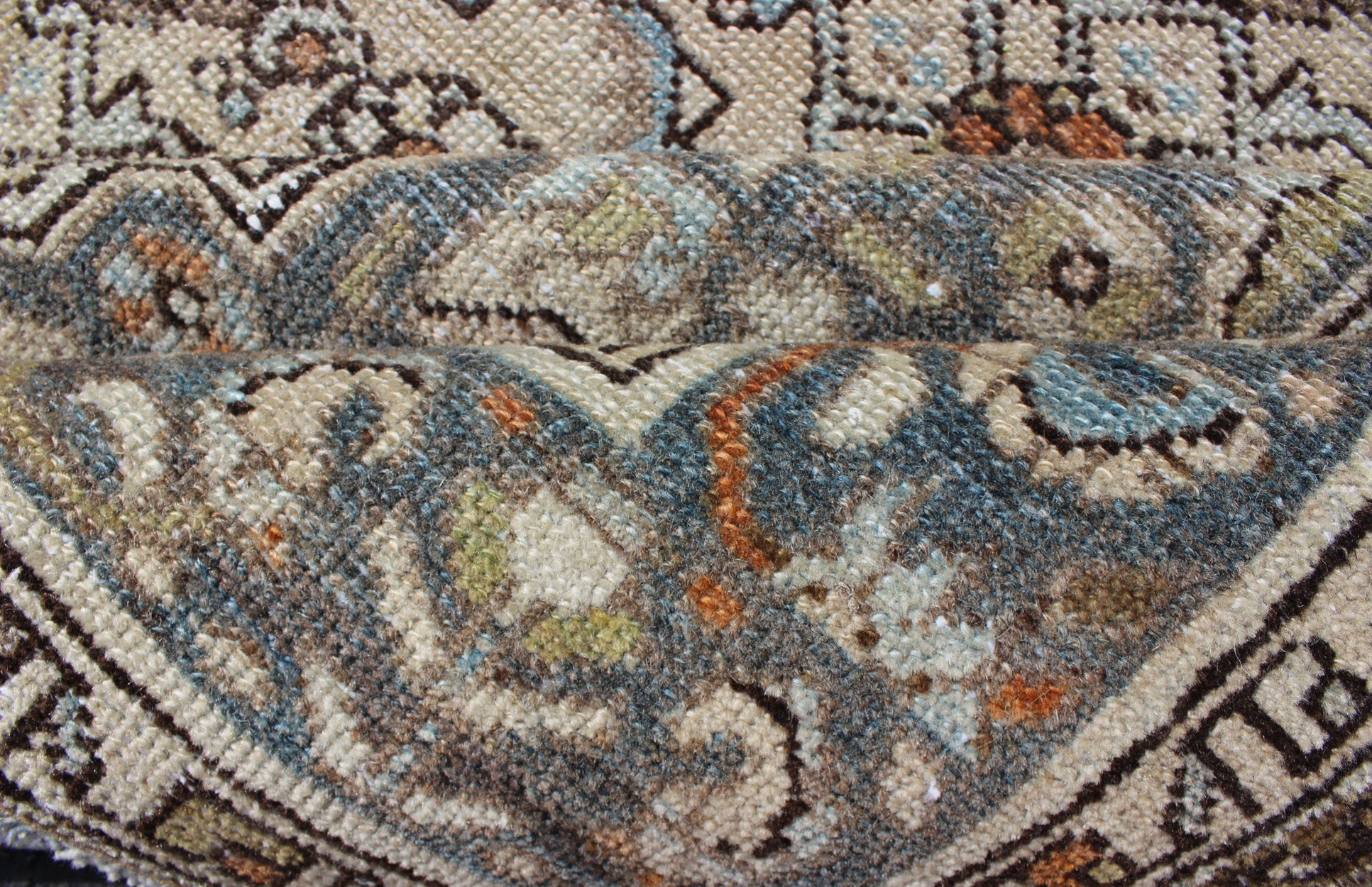 Gray/green, Taupe, Lt. Blue & Rust, brown Antique Persian distressed Malayer. Neutral tones antique distressed Malayer rug from Persia with floral design, rug sus - 1807 - 240, country of origin / type: Iran / Malayer, circa 1920. Neutral t... - Keivan Woven ArtsSUS - 1807 - 240 - 10209