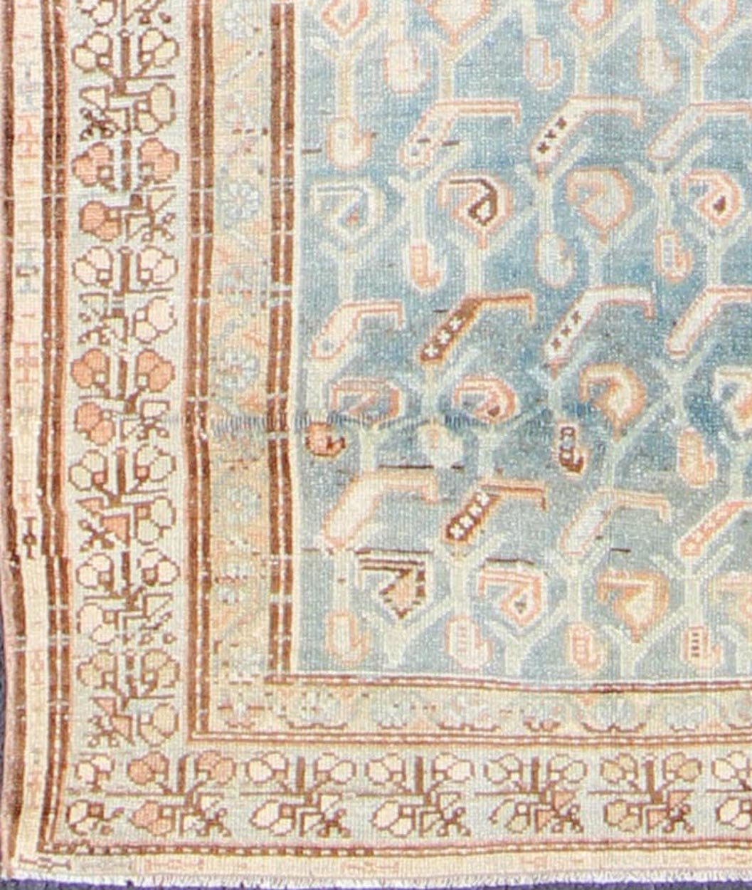 Persian Malayer antique runner with all - over geometric design in light blue and red, rug sus - 1807 - 262, country of origin / type: Iran / Mahal, circa 1920. This antique Persian Malayer runner, circa early 20th century, relies heavily on exquisite... - Keivan Woven ArtsSUS - 1807 - 262 - 10139Rug
