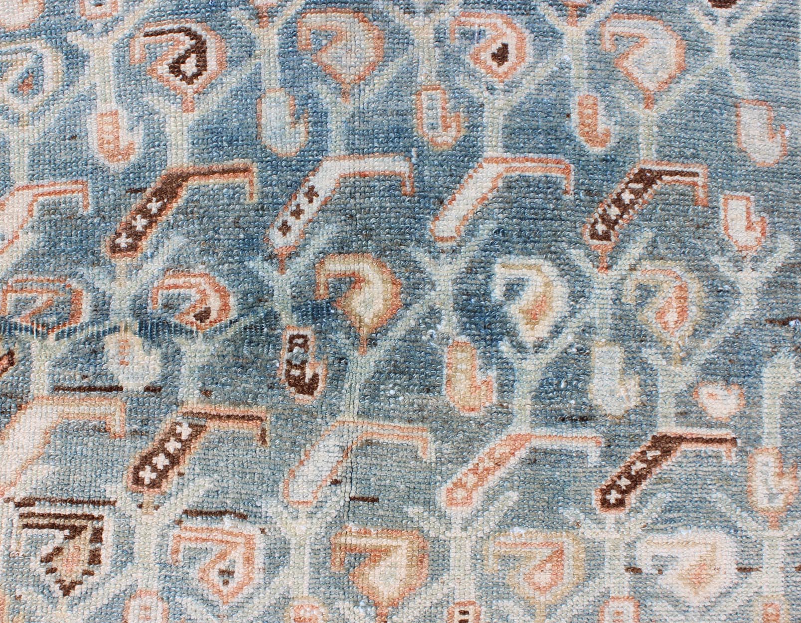 Persian Malayer antique runner with all - over geometric design in light blue and red, rug sus - 1807 - 262, country of origin / type: Iran / Mahal, circa 1920. This antique Persian Malayer runner, circa early 20th century, relies heavily on exquisite... - Keivan Woven ArtsSUS - 1807 - 262 - 10139Rug