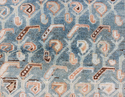Persian Malayer antique runner with all - over geometric design in light blue and red, rug sus - 1807 - 262, country of origin / type: Iran / Mahal, circa 1920. This antique Persian Malayer runner, circa early 20th century, relies heavily on exquisite... - Keivan Woven ArtsSUS - 1807 - 262 - 10139Rug