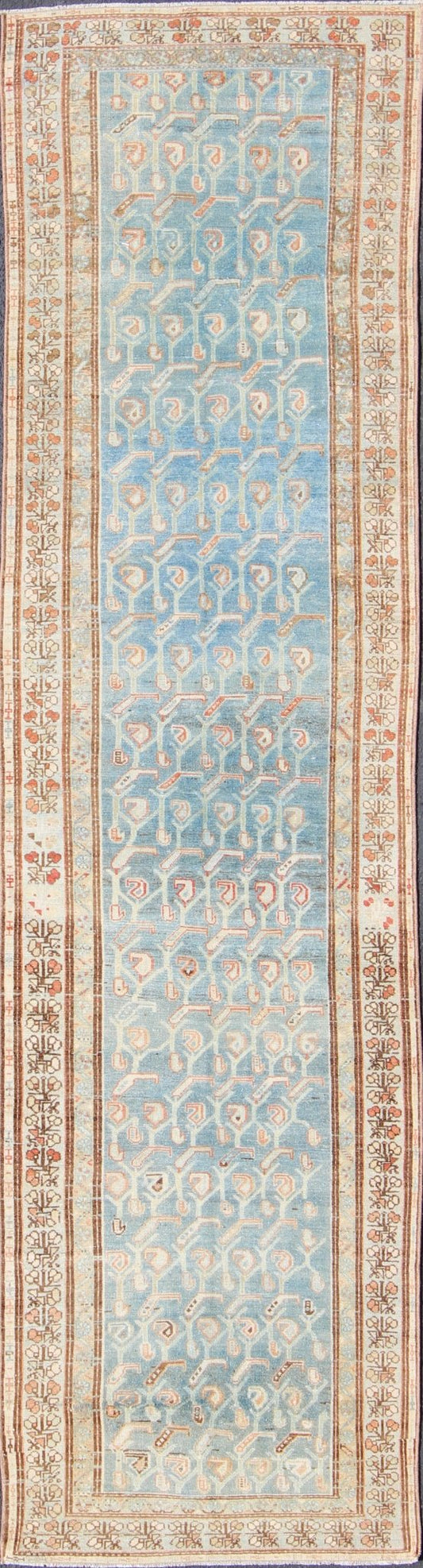 Persian Malayer antique runner with all - over geometric design in light blue and red, rug sus - 1807 - 262, country of origin / type: Iran / Mahal, circa 1920. This antique Persian Malayer runner, circa early 20th century, relies heavily on exquisite... - Keivan Woven ArtsSUS - 1807 - 262 - 10139Rug