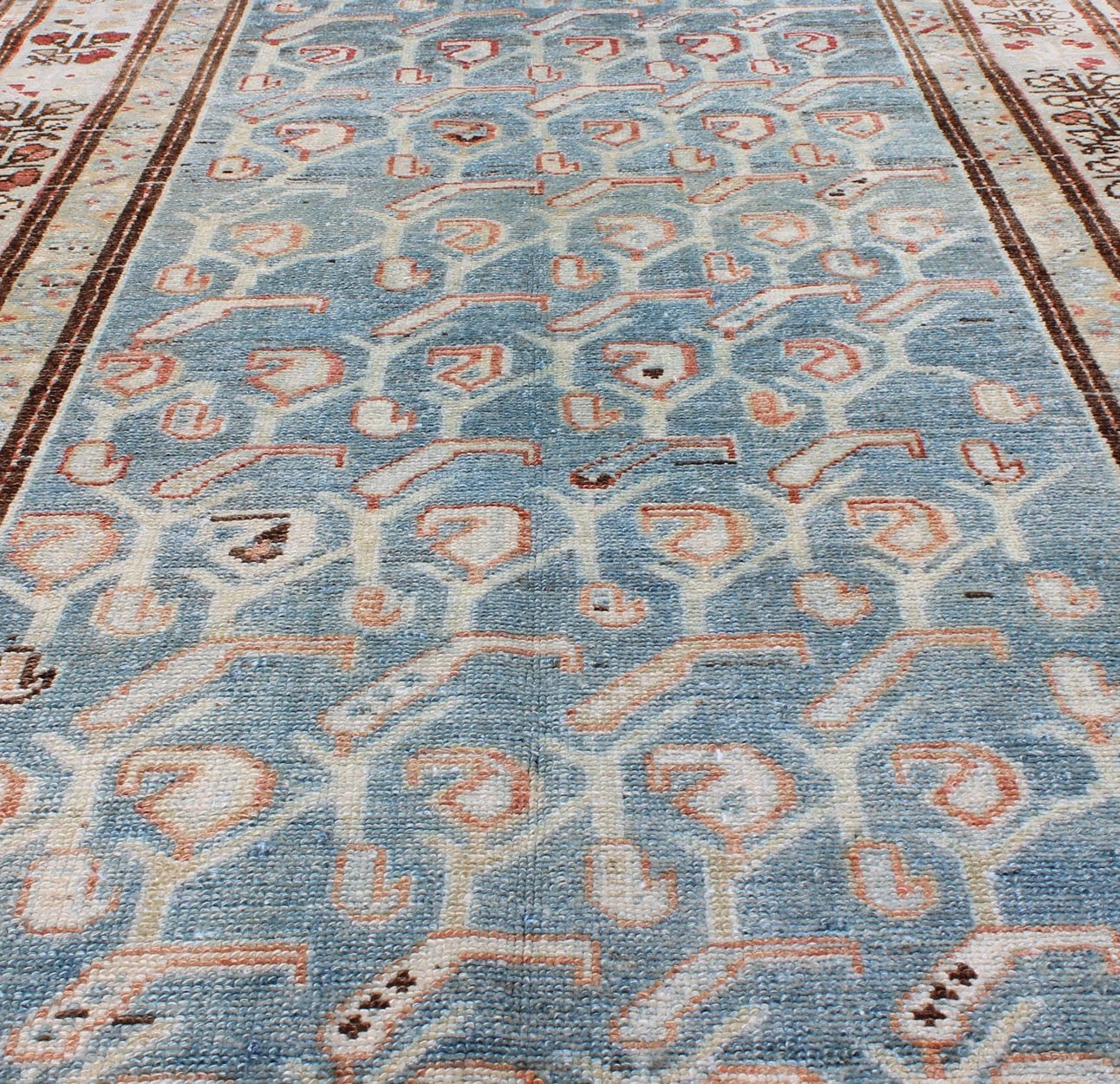 Persian Malayer antique runner with all - over geometric design in light blue and red, rug sus - 1807 - 262, country of origin / type: Iran / Mahal, circa 1920. This antique Persian Malayer runner, circa early 20th century, relies heavily on exquisite... - Keivan Woven ArtsSUS - 1807 - 262 - 10139Rug