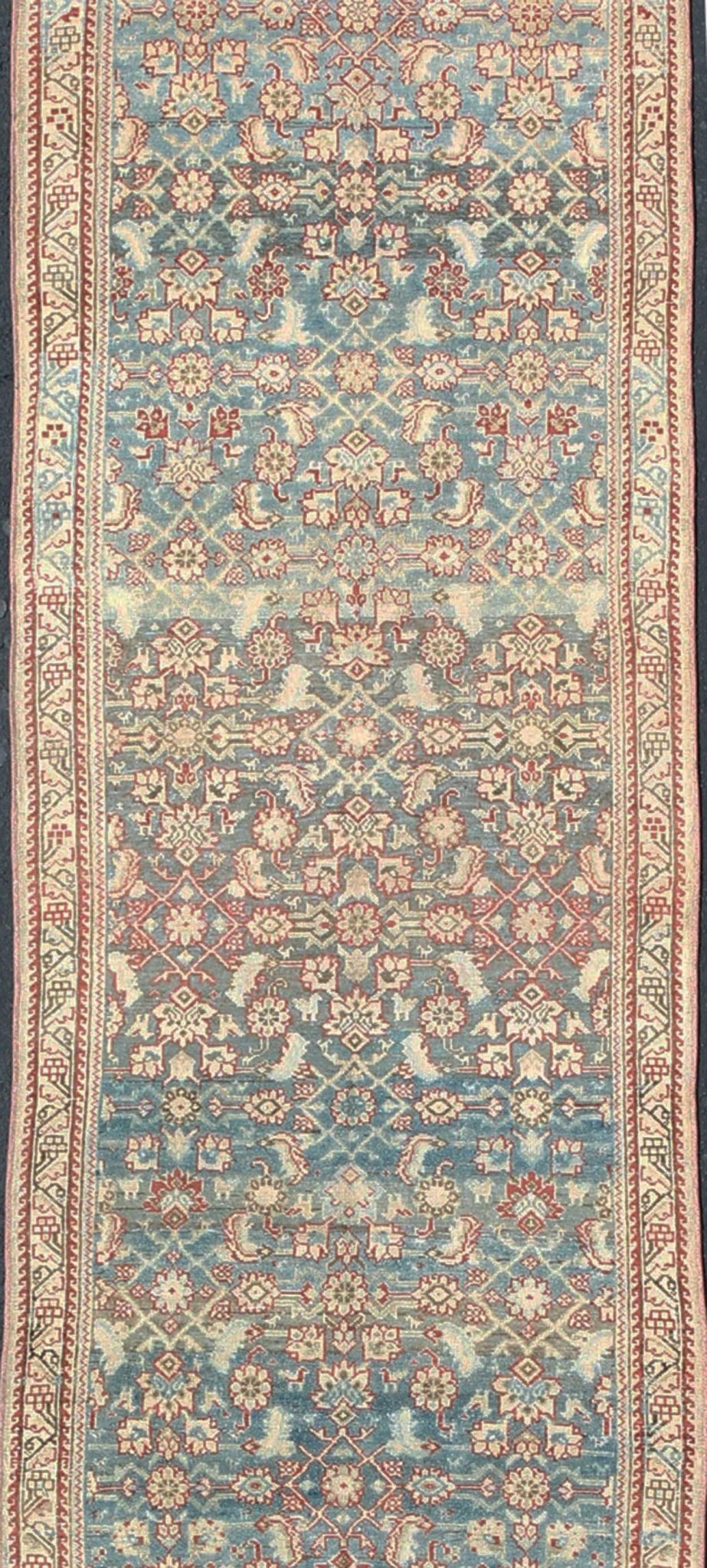 Floral design Persian antique Malayer runner in blue, red, nude tones, rug sus - 1807 - 265, country of origin / type: Iran / Mahal, circa 1920 This antique Persian Malayer runner, circa early 20th century, relies heavily on exquisite details as wel... - Keivan Woven ArtsSUS - 1807 - 265 - 10143