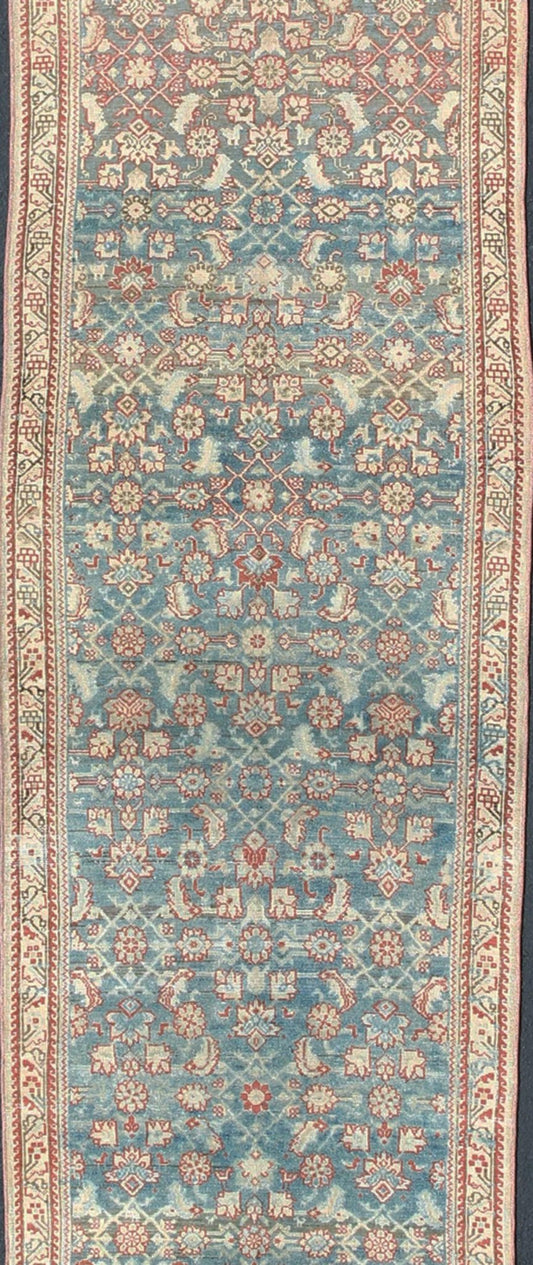 Floral design Persian antique Malayer runner in blue, red, nude tones, rug sus - 1807 - 265, country of origin / type: Iran / Mahal, circa 1920 This antique Persian Malayer runner, circa early 20th century, relies heavily on exquisite details as wel... - Keivan Woven ArtsSUS - 1807 - 265 - 10143