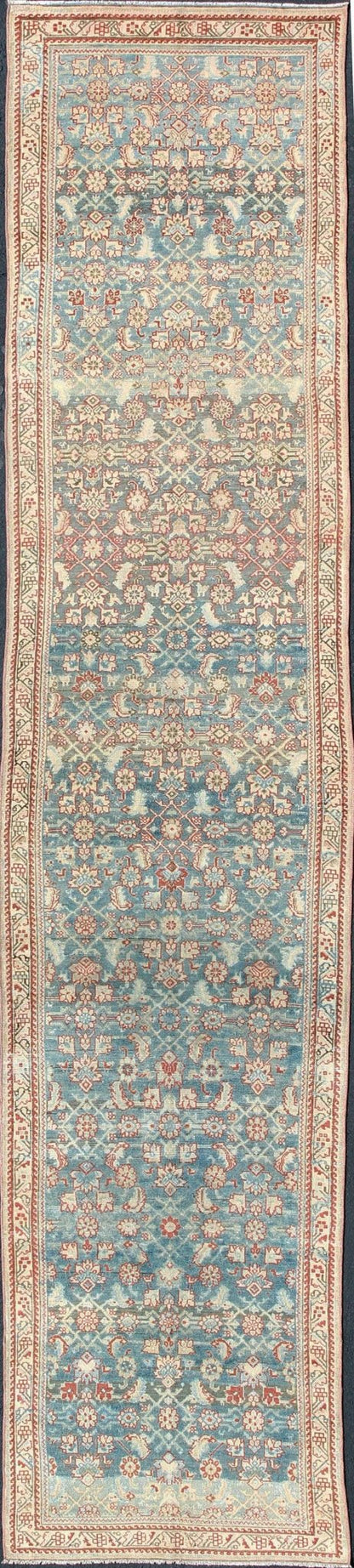 Floral design Persian antique Malayer runner in blue, red, nude tones, rug sus - 1807 - 265, country of origin / type: Iran / Mahal, circa 1920 This antique Persian Malayer runner, circa early 20th century, relies heavily on exquisite details as wel... - Keivan Woven ArtsSUS - 1807 - 265 - 10143