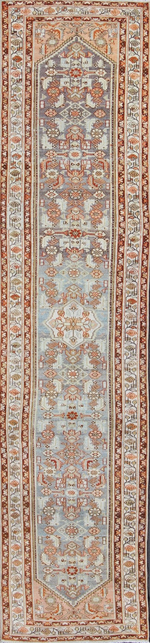 Colorful Floral Geometric Persian Malayer antique runner with vertical medallions, rug sus - 1807 - 285, country of origin / type: Iran / Mahal, circa 1920. This antique Persian Malayer runner, circa early 20th century, relies heavily on exquisite d... - Keivan Woven ArtsSUS - 1807 - 285 - 10153Rug