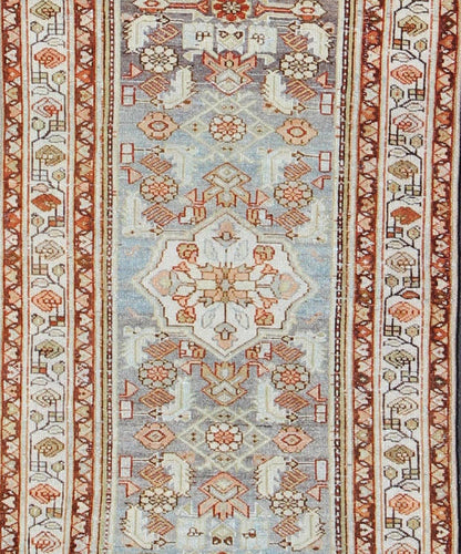 Colorful Floral Geometric Persian Malayer antique runner with vertical medallions, rug sus - 1807 - 285, country of origin / type: Iran / Mahal, circa 1920. This antique Persian Malayer runner, circa early 20th century, relies heavily on exquisite d... - Keivan Woven ArtsSUS - 1807 - 285 - 10153Rug