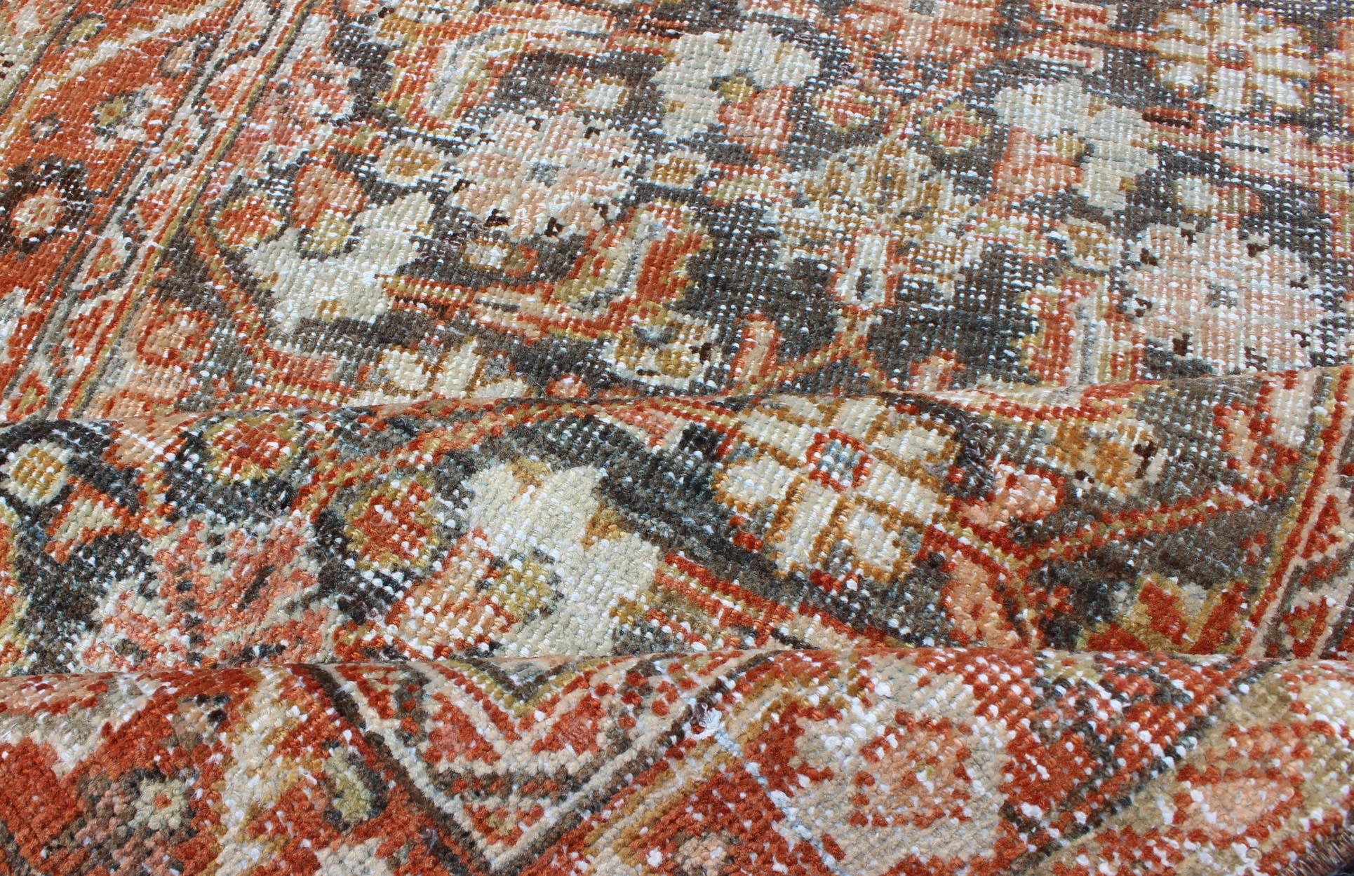 All - over floral blossom design long Mahal runner antique from Persia in charcoal and red tones, rug sus - 1807 - 287, country of origin / type: Iran / Mahal, circa 1920. This antique Persian Mahal runner, circa early 20th century, relies heavily on ... - Keivan Woven ArtsSUS - 1807 - 287 - 10157Rug