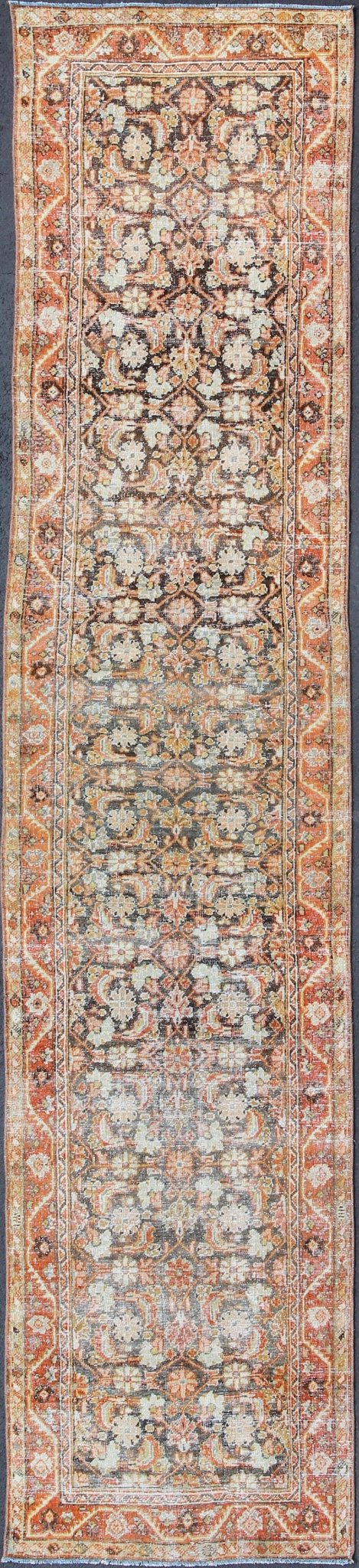 All - over floral blossom design long Mahal runner antique from Persia in charcoal and red tones, rug sus - 1807 - 287, country of origin / type: Iran / Mahal, circa 1920. This antique Persian Mahal runner, circa early 20th century, relies heavily on ... - Keivan Woven ArtsSUS - 1807 - 287 - 10157