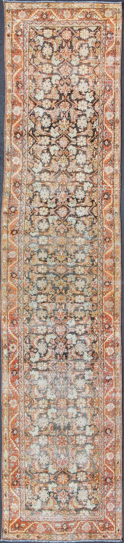 All - over floral blossom design long Mahal runner antique from Persia in charcoal and red tones, rug sus - 1807 - 287, country of origin / type: Iran / Mahal, circa 1920. This antique Persian Mahal runner, circa early 20th century, relies heavily on ... - Keivan Woven ArtsSUS - 1807 - 287 - 10157Rug