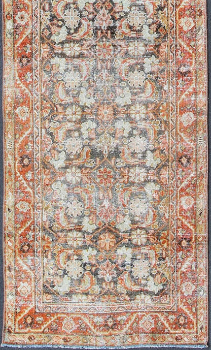 All - over floral blossom design long Mahal runner antique from Persia in charcoal and red tones, rug sus - 1807 - 287, country of origin / type: Iran / Mahal, circa 1920. This antique Persian Mahal runner, circa early 20th century, relies heavily on ... - Keivan Woven ArtsSUS - 1807 - 287 - 10157Rug