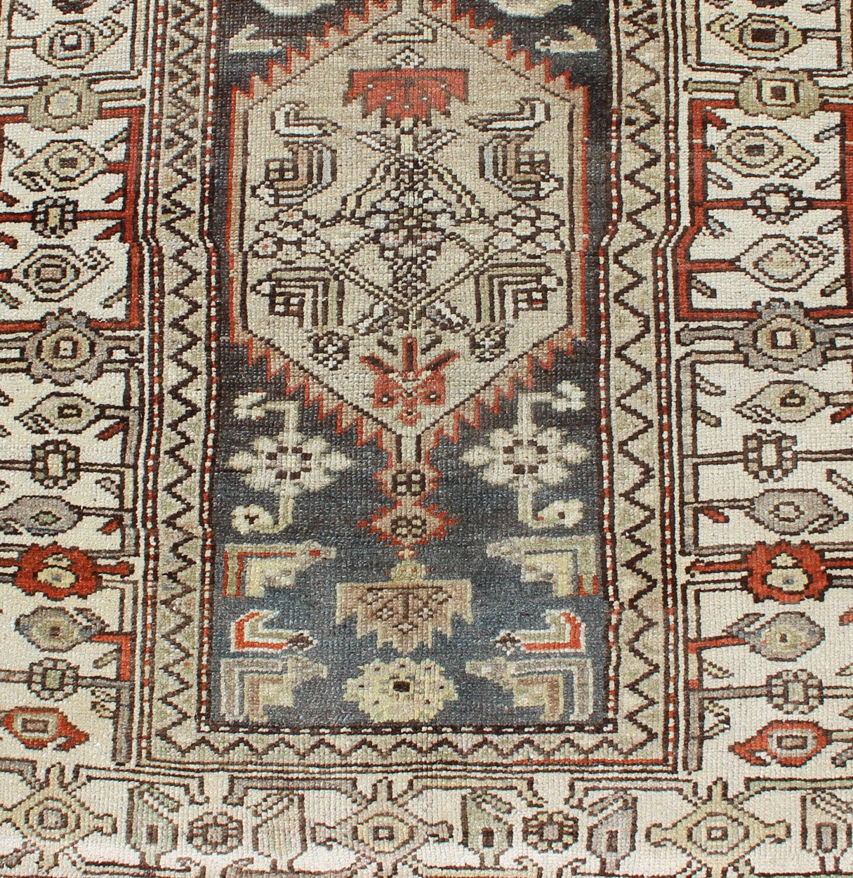 Long Persian Kurdish Runner with Medallion Design in Charcoal, Ivory and Red Antique Persian Kurdish long runner with tribal medallions, rug SUS - 1908 - 115, country of origin / type: Iran or Kurdish, circa 1900. Long Persian Kurdish runner in char... - Keivan Woven ArtsSUS - 1908 - 115 - 11529Rug
