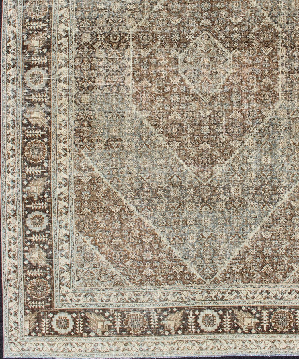 Persian Antique Tabriz with Layered Diamond Geometric Design in Earth Tones Tabriz Antique Rug with Floral Geometrics in Natural Tones, rug SUS - 1908 - 13, country of origin / type: Iran / Tabriz, circa 1920 This antique Tabriz carpet from ... - Keivan Woven ArtsSUS - 1908 - 13 - 11521Rug