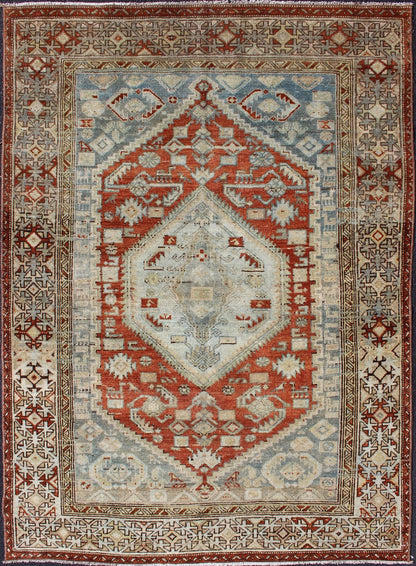 Orange - Red, Light Gray/Blue Antique Persian Malayer Rug with Geometric Design. Antique Persian rug in shades oforange - red, light blue gray, and taupe, rug SUS - 1908 - 2, country of origin / type: Iran / Malayer, circa 1910. Measures: 4'6 x ... - Keivan Woven ArtsSUS - 1908 - 2 - 11515Rug
