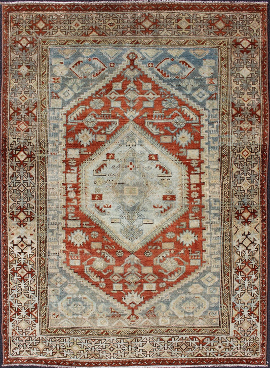 Orange - Red, Light Gray/Blue Antique Persian Malayer Rug with Geometric Design. Antique Persian rug in shades oforange - red, light blue gray, and taupe, rug SUS - 1908 - 2, country of origin / type: Iran / Malayer, circa 1910. Measures: 4'6 x ... - Keivan Woven ArtsSUS - 1908 - 2 - 11515Rug