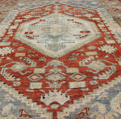 Orange - Red, Light Gray/Blue Antique Persian Malayer Rug with Geometric Design. Antique Persian rug in shades oforange - red, light blue gray, and taupe, rug SUS - 1908 - 2, country of origin / type: Iran / Malayer, circa 1910. Measures: 4'6 x ... - Keivan Woven ArtsSUS - 1908 - 2 - 11515Rug