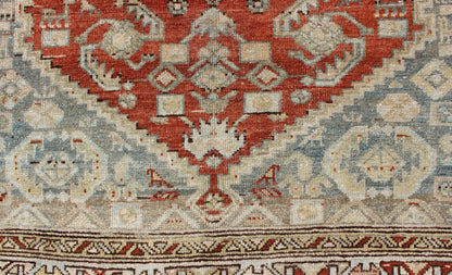 Orange - Red, Light Gray/Blue Antique Persian Malayer Rug with Geometric Design. Antique Persian rug in shades oforange - red, light blue gray, and taupe, rug SUS - 1908 - 2, country of origin / type: Iran / Malayer, circa 1910. Measures: 4'6 x ... - Keivan Woven ArtsSUS - 1908 - 2 - 11515Rug