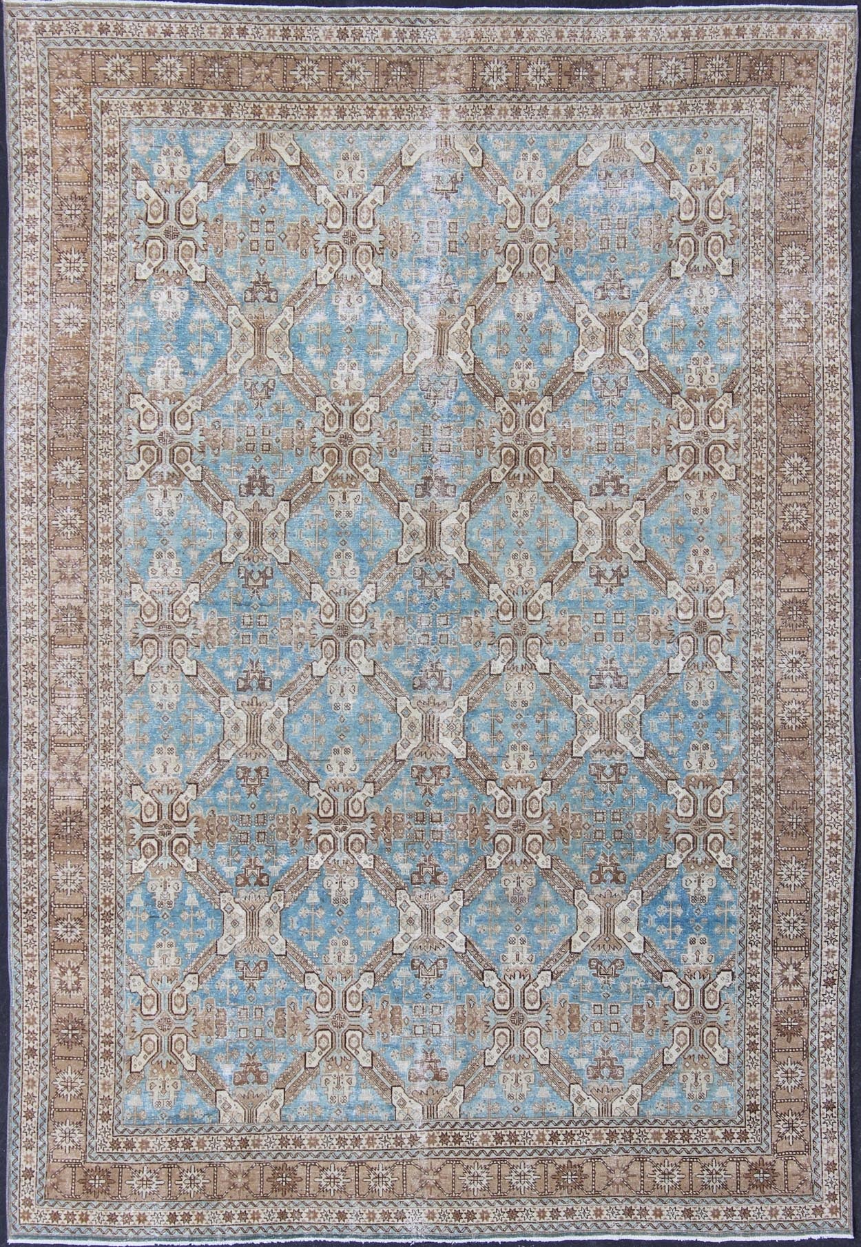 All - Over Pattern Persian Tabriz Rug in Shades of Blue and Taupe Brown, blue, and taupe geometric Persian Tabriz rug, Keivan Woven Arts / rug SUS - 1908 - 22, country of origin / type: Iran / Tabriz, circa 1920 This antique Tabriz carpet from ... - Keivan Woven ArtsSUS - 1908 - 22 - 11625Rug