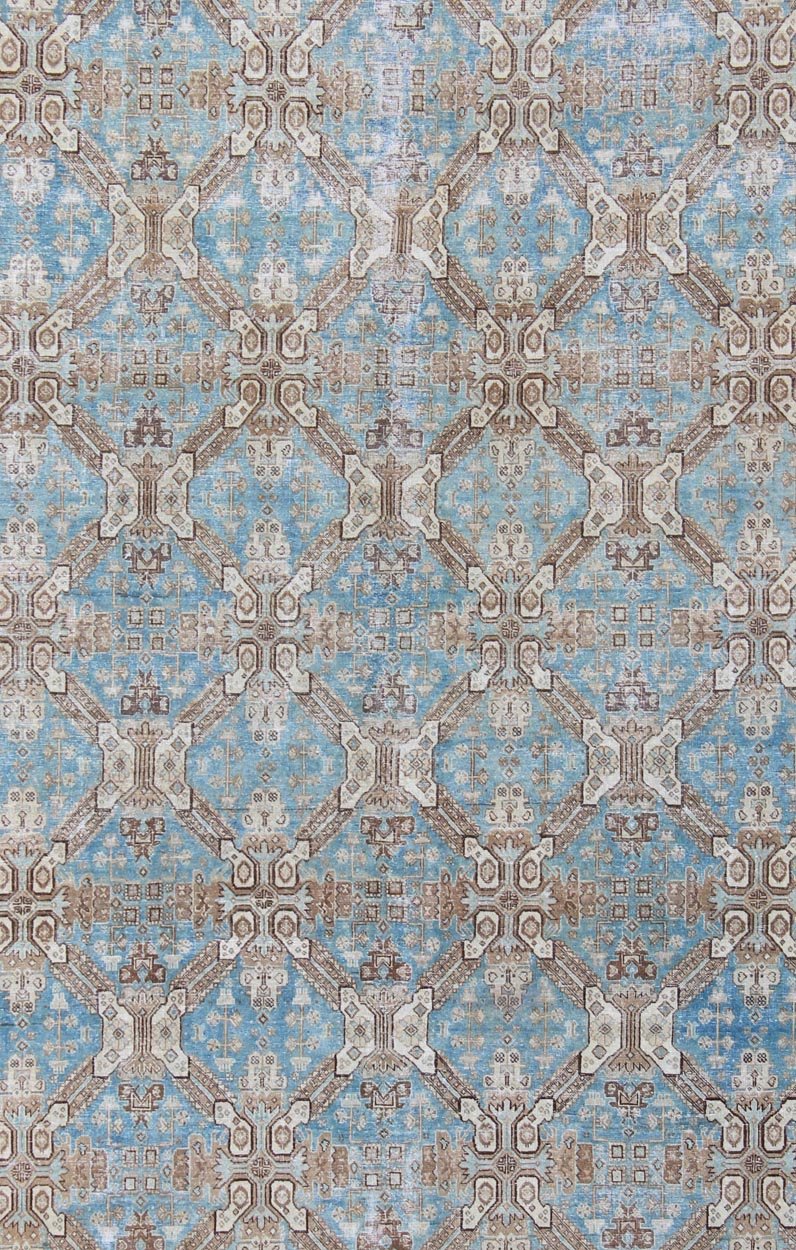 All - Over Pattern Persian Tabriz Rug in Shades of Blue and Taupe Brown, blue, and taupe geometric Persian Tabriz rug, Keivan Woven Arts / rug SUS - 1908 - 22, country of origin / type: Iran / Tabriz, circa 1920 This antique Tabriz carpet from ... - Keivan Woven ArtsSUS - 1908 - 22 - 11625Rug