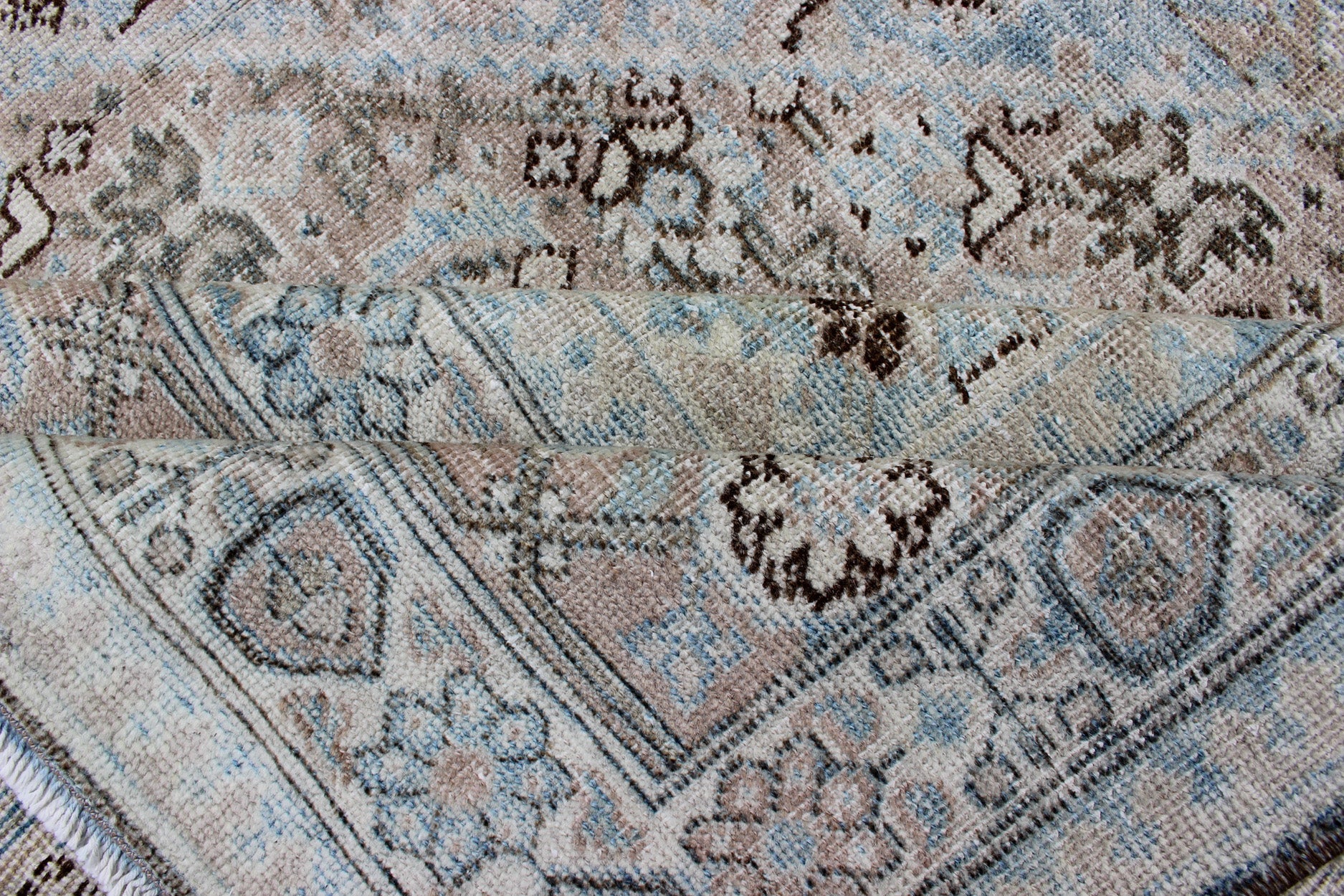 Stylized Persian Antique Tabriz Rug with Medallion Design and Muted Colors Persian Antique Tabriz Rug With Medallion With Herati Design and Muted Colors. Light Blue and Taupe Diamond Medallion Geometric Design Tabriz Rug from Persia. Keivan Wov... - Keivan Woven ArtsSUS - 1908 - 23 - 11629