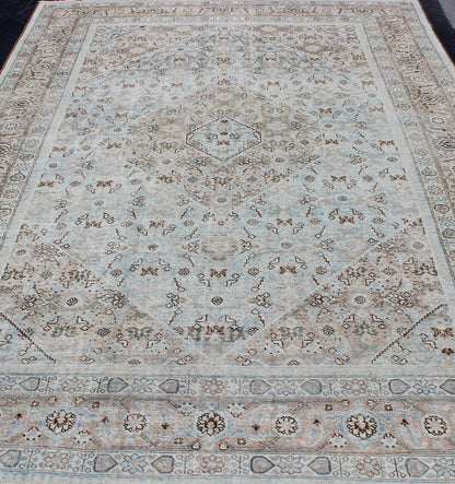 Stylized Persian Antique Tabriz Rug with Medallion Design and Muted Colors Persian Antique Tabriz Rug With Medallion With Herati Design and Muted Colors. Light Blue and Taupe Diamond Medallion Geometric Design Tabriz Rug from Persia. Keivan Wov... - Keivan Woven ArtsSUS - 1908 - 23 - 11629