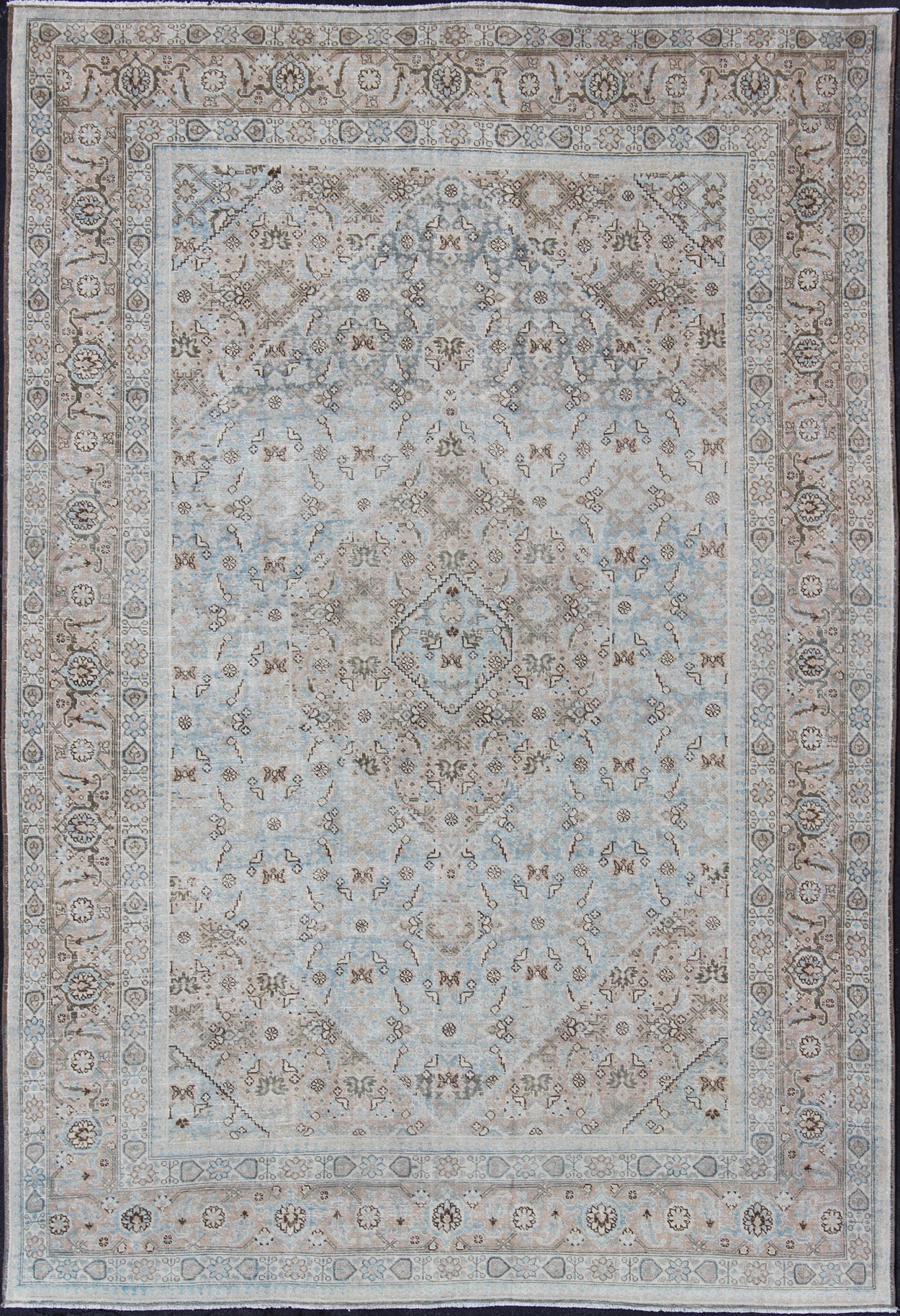 Stylized Persian Antique Tabriz Rug with Medallion Design and Muted Colors Persian Antique Tabriz Rug With Medallion With Herati Design and Muted Colors. Light Blue and Taupe Diamond Medallion Geometric Design Tabriz Rug from Persia. Keivan Wov... - Keivan Woven ArtsSUS - 1908 - 23 - 11629