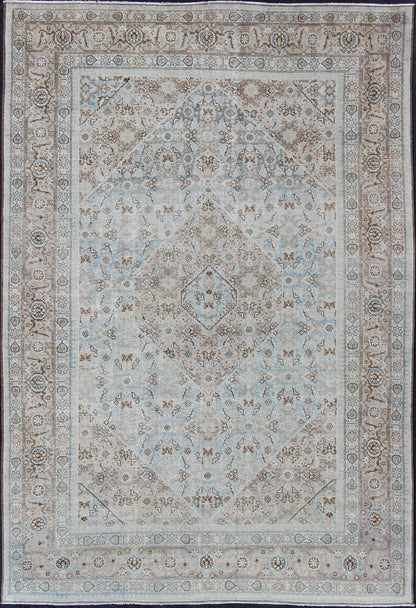 Stylized Persian Antique Tabriz Rug with Medallion Design and Muted Colors Persian Antique Tabriz Rug With Medallion With Herati Design and Muted Colors. Light Blue and Taupe Diamond Medallion Geometric Design Tabriz Rug from Persia. Keivan Wov... - Keivan Woven ArtsSUS - 1908 - 23 - 11629