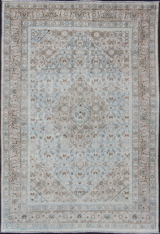 Stylized Persian Antique Tabriz Rug with Medallion Design and Muted Colors Persian Antique Tabriz Rug With Medallion With Herati Design and Muted Colors. Light Blue and Taupe Diamond Medallion Geometric Design Tabriz Rug from Persia. Keivan Wov... - Keivan Woven ArtsSUS - 1908 - 23 - 11629