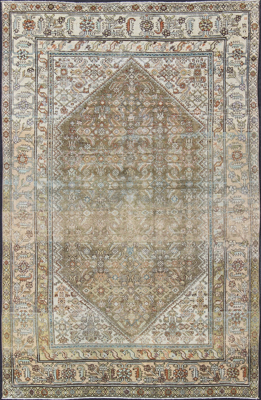 Antique Persian Malayer Rug With Medallion and Geometric Design Antique Persian rug with faded green field and ivory cornices, Keivan Woven Arts / rug SUS - 1908 - 275, country of origin / type: Iran / Malayer, circa 1900. This traditional Pe... - Keivan Woven ArtsSUS - 1908 - 275 - 11635Rug