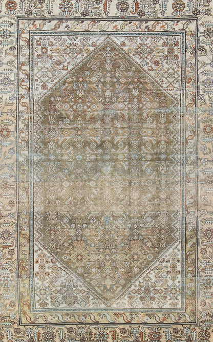 Antique Persian Malayer Rug With Medallion and Geometric Design Antique Persian rug with faded green field and ivory cornices, Keivan Woven Arts / rug SUS - 1908 - 275, country of origin / type: Iran / Malayer, circa 1900. This traditional Pe... - Keivan Woven ArtsSUS - 1908 - 275 - 11635Rug
