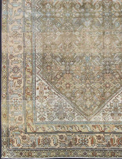 Antique Persian Malayer Rug With Medallion and Geometric Design Antique Persian rug with faded green field and ivory cornices, Keivan Woven Arts / rug SUS - 1908 - 275, country of origin / type: Iran / Malayer, circa 1900. This traditional Pe... - Keivan Woven ArtsSUS - 1908 - 275 - 11635Rug