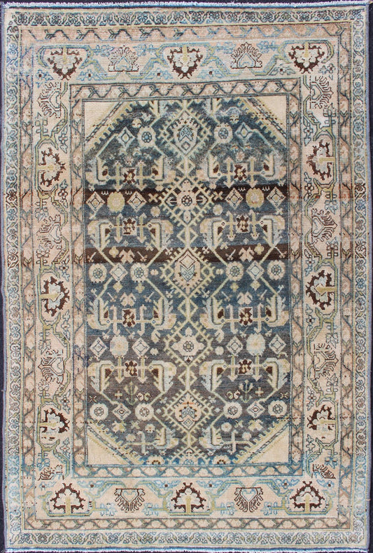 Persian Malayer Rug with All - Over Design in Blue, Cream, Pink Tones Antique Persian rug with blue field and cream cornices, Keivan Woven Arts / rug SUS - 1908 - 3, country of origin / type: Iran / Malayer, circa 1910. This traditional Persian... - Keivan Woven ArtsSUS - 1908 - 3 - 11617