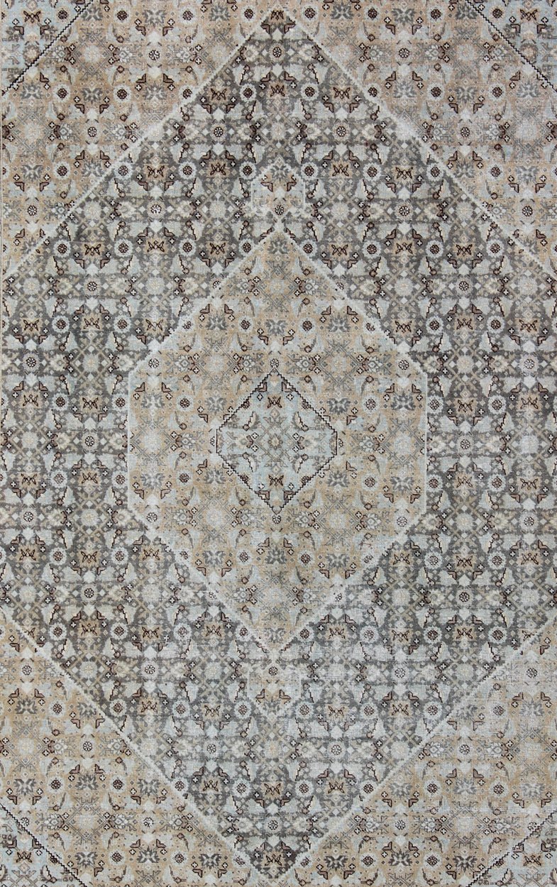 Antique Persian Tabriz Carpet With Geometric Diamond Design in Light Tones, Gray green, Gray,taupe, light blue, tan and brown Geometric Persian Tabriz rug, Keivan Woven Arts/ rug/ SUS - 1908 - 369, country of origin / type: Iran / Tabriz, circa 1920. ... - Keivan Woven ArtsSUS - 1908 - 369 - 11645Rug