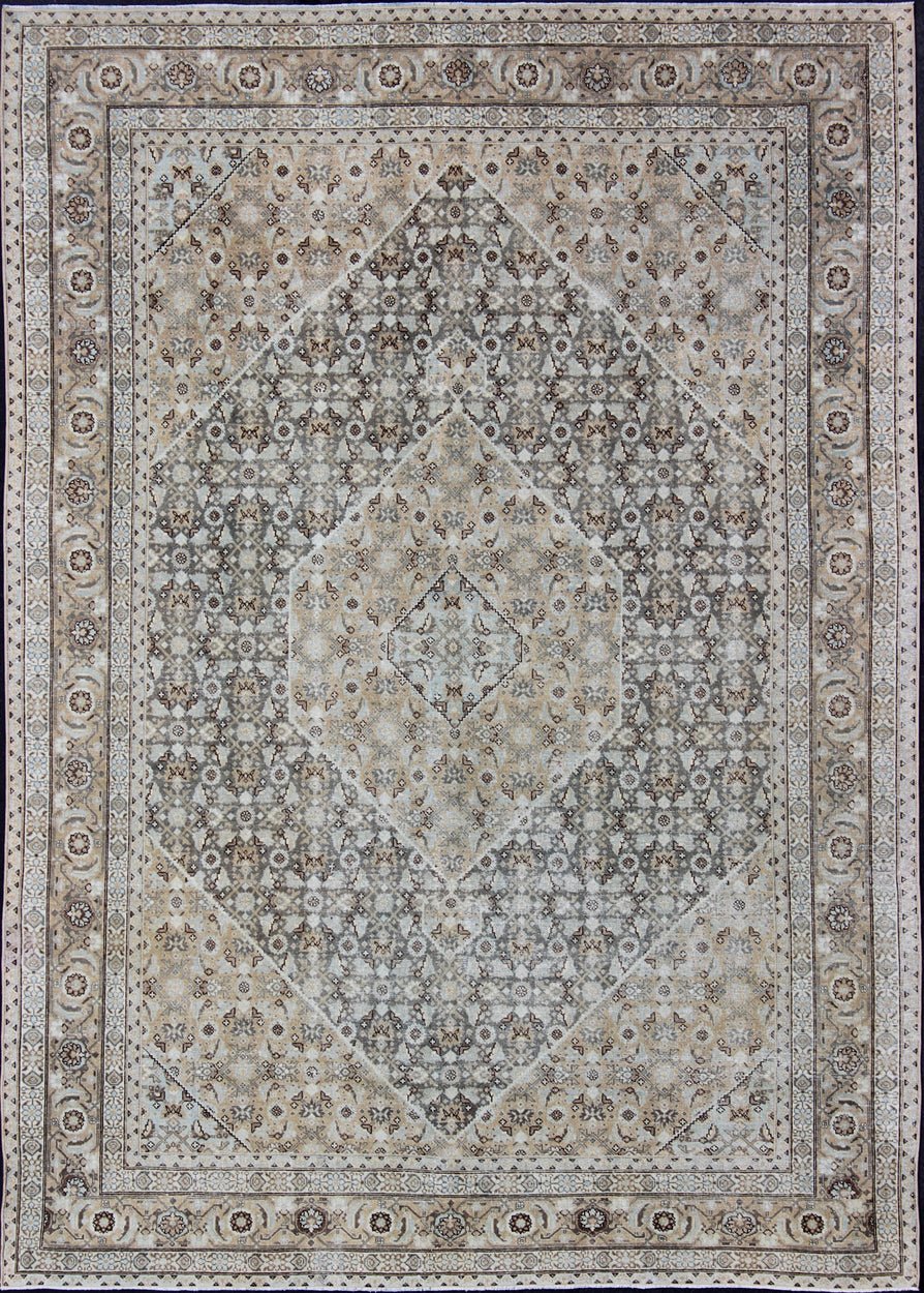 Antique Persian Tabriz Carpet With Geometric Diamond Design in Light Tones, Gray green, Gray,taupe, light blue, tan and brown Geometric Persian Tabriz rug, Keivan Woven Arts/ rug/ SUS - 1908 - 369, country of origin / type: Iran / Tabriz, circa 1920. ... - Keivan Woven ArtsSUS - 1908 - 369 - 11645Rug