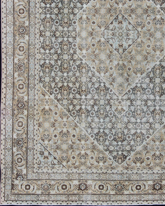 Antique Persian Tabriz Carpet With Geometric Diamond Design in Light Tones, Gray green, Gray,taupe, light blue, tan and brown Geometric Persian Tabriz rug, Keivan Woven Arts/ rug/ SUS - 1908 - 369, country of origin / type: Iran / Tabriz, circa 1920. ... - Keivan Woven ArtsSUS - 1908 - 369 - 11645Rug