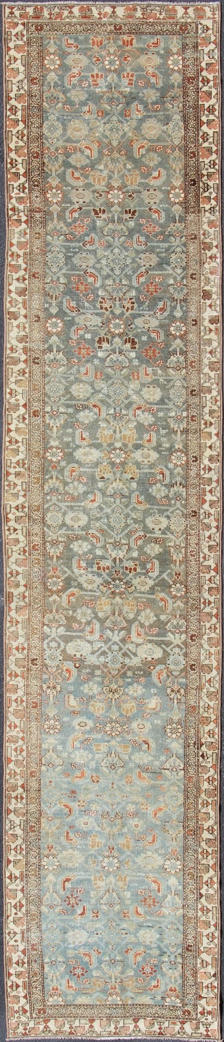 Antique Malayer Runner with Geometric Designs in Gray Blue and Burnt Orange All - Over Design Persian Runner with Gray Blue and Orange Colors, rug SUS - 1908 - 371, country of origin / type: Iran / Malayer, circa 1900 This long antique Persian ... - Keivan Woven ArtsSUS - 1908 - 371 - 11539Rug