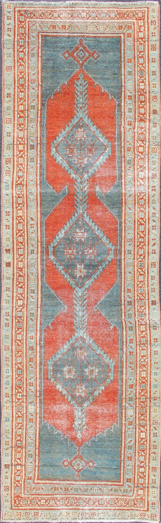 Antique Persian Mahal with Tri - Medallion Geometric Design in Red and Steel Blue Early 20th Century Mahal Antique Runner with Geometric Medallions, rug SUS - 1909 - 127, country of origin / type: Iran / Mahal, circa 1920 This antique Persian M... - Keivan Woven ArtsSUS - 1909 - 127 - 3353