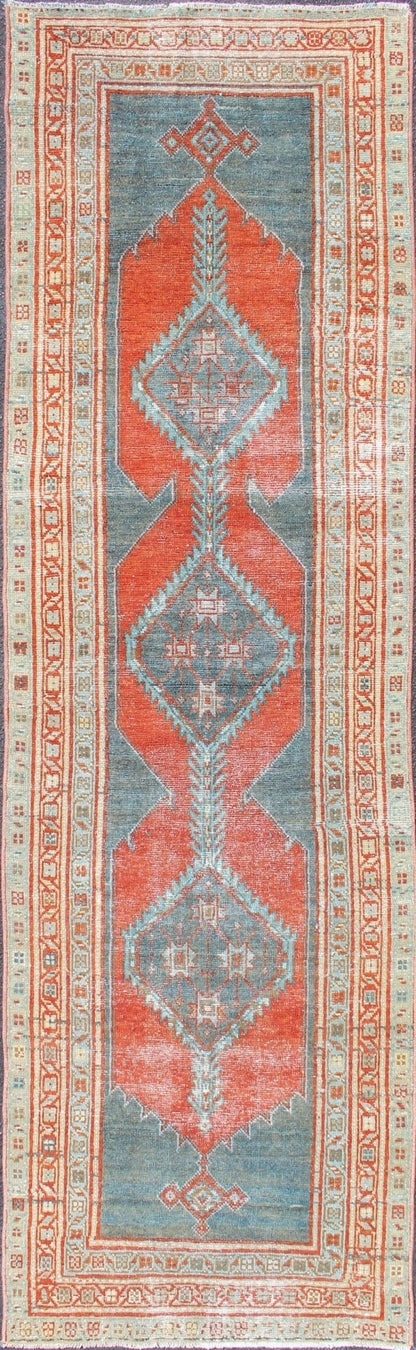 Antique Persian Mahal with Tri - Medallion Geometric Design in Red and Steel Blue Early 20th Century Mahal Antique Runner with Geometric Medallions, rug SUS - 1909 - 127, country of origin / type: Iran / Mahal, circa 1920 This antique Persian M... - Keivan Woven ArtsSUS - 1909 - 127 - 3353Rug