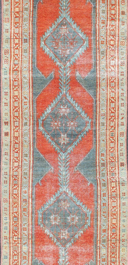Antique Persian Mahal with Tri - Medallion Geometric Design in Red and Steel Blue Early 20th Century Mahal Antique Runner with Geometric Medallions, rug SUS - 1909 - 127, country of origin / type: Iran / Mahal, circa 1920 This antique Persian M... - Keivan Woven ArtsSUS - 1909 - 127 - 3353Rug