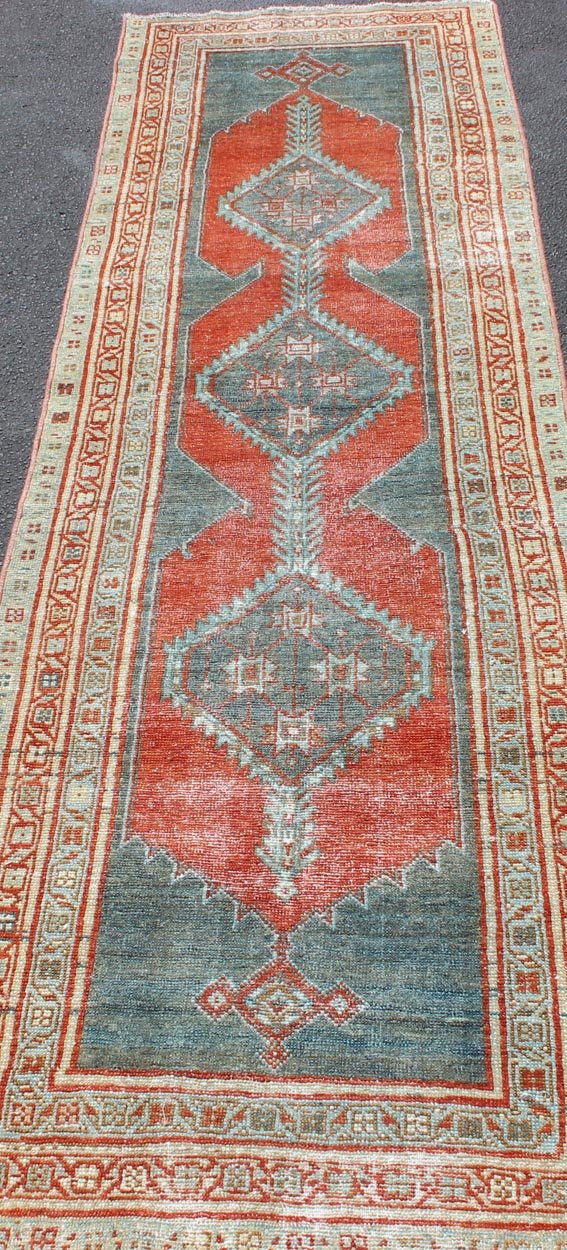 Antique Persian Mahal with Tri - Medallion Geometric Design in Red and Steel Blue Early 20th Century Mahal Antique Runner with Geometric Medallions, rug SUS - 1909 - 127, country of origin / type: Iran / Mahal, circa 1920 This antique Persian M... - Keivan Woven ArtsSUS - 1909 - 127 - 3353Rug