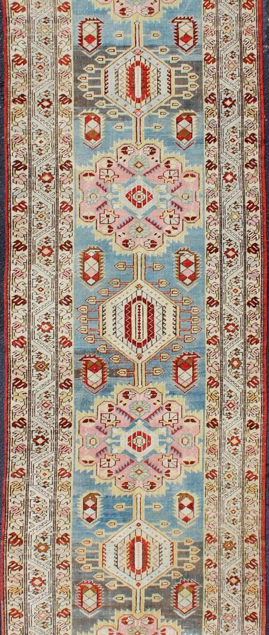 Antique Persian Serab Runner with Geometric Medallion Design in Red and Blue Serab Antique Runner from Persia with Geometric Medallions and Ornate Multi - Tiered Border, rug SUS - 1909 - 423, country of origin / type: Iran / Serab, circa 1910 ... - Keivan Woven ArtsSUS - 1909 - 423 - 2045Rug
