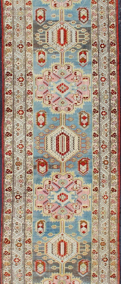 Antique Persian Serab Runner with Geometric Medallion Design in Red and Blue Serab Antique Runner from Persia with Geometric Medallions and Ornate Multi - Tiered Border, rug SUS - 1909 - 423, country of origin / type: Iran / Serab, circa 1910 ... - Keivan Woven ArtsSUS - 1909 - 423 - 2045Rug