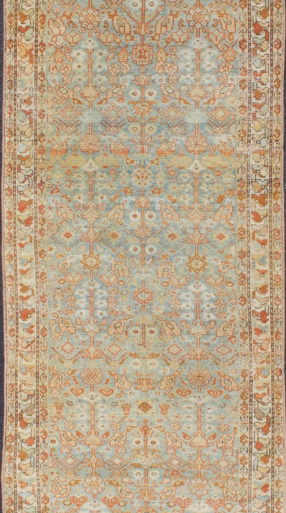 Antique Persian Malayer Runner with Geometric All - Over Design in Light Blue kwarugs Antique Persian Malayer runner with geometric all - over design in light blue Blue, coral and peach Malayer antique rug from Persia with geometric motifs, rug S... - Keivan Woven ArtsSUS - 1909 - 431 - 2049Rug