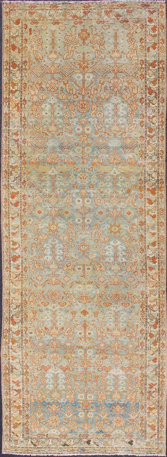 Antique Persian Malayer Runner with Geometric All - Over Design in Light Blue kwarugs Antique Persian Malayer runner with geometric all - over design in light blue Blue, coral and peach Malayer antique rug from Persia with geometric motifs, rug S... - Keivan Woven ArtsSUS - 1909 - 431 - 2049Rug