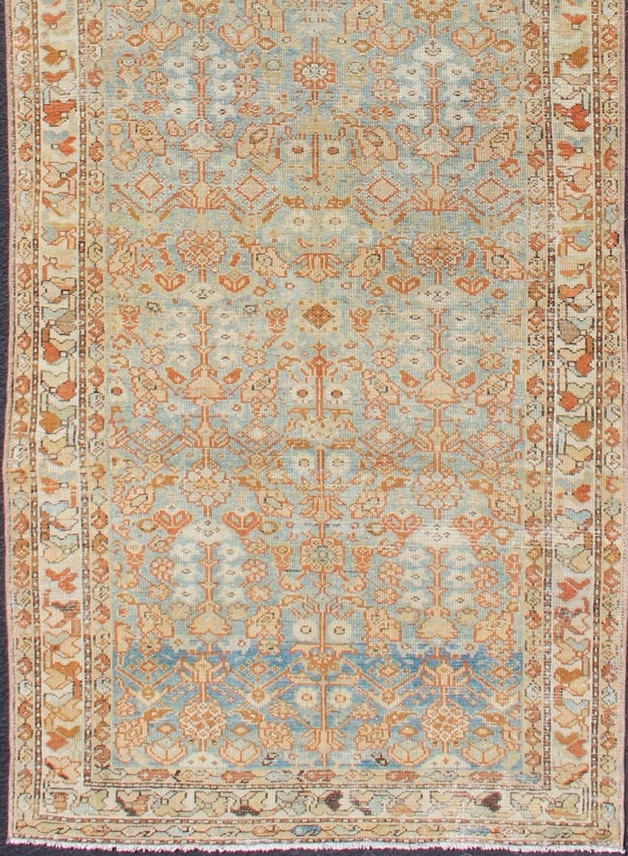 Antique Persian Malayer Runner with Geometric All - Over Design in Light Blue kwarugs Antique Persian Malayer runner with geometric all - over design in light blue Blue, coral and peach Malayer antique rug from Persia with geometric motifs, rug S... - Keivan Woven ArtsSUS - 1909 - 431 - 2049Rug