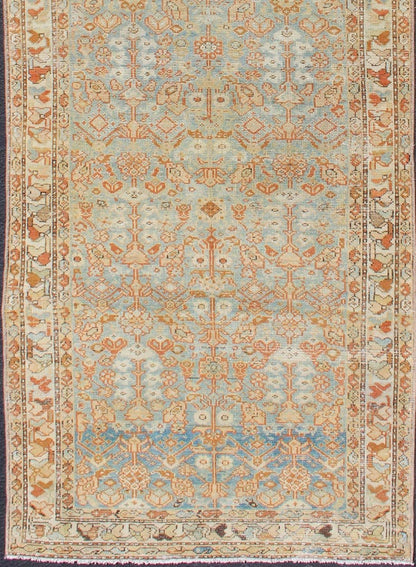 Antique Persian Malayer Runner with Geometric All - Over Design in Light Blue kwarugs Antique Persian Malayer runner with geometric all - over design in light blue Blue, coral and peach Malayer antique rug from Persia with geometric motifs, rug S... - Keivan Woven ArtsSUS - 1909 - 431 - 2049Rug