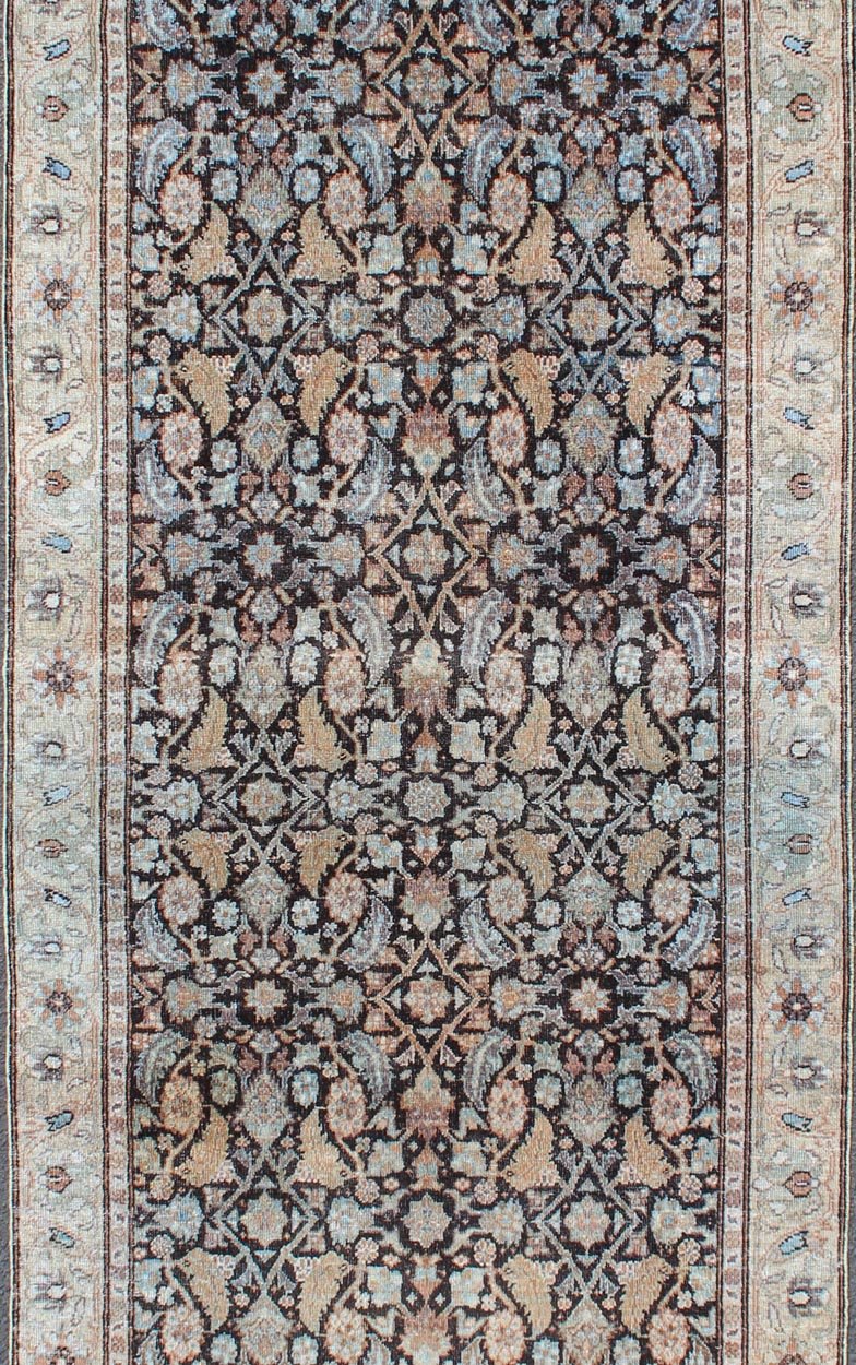 Multi Color Distressed Antique Persian Tabriz Runner with Herati Design in Black Background, Distressed Persian Runner, Distressed Antique Runner, Distressed Antique Persian Runner. Tabriz antique Persian Runner with all - over Herati design in bl... - Keivan Woven ArtsSUS - 1909 - 447 - 3395Rug
