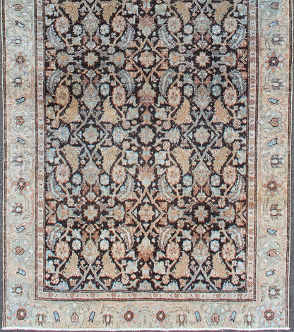 Multi Color Distressed Antique Persian Tabriz Runner with Herati Design in Black Background, Distressed Persian Runner, Distressed Antique Runner, Distressed Antique Persian Runner. Tabriz antique Persian Runner with all - over Herati design in bl... - Keivan Woven ArtsSUS - 1909 - 447 - 3395Rug
